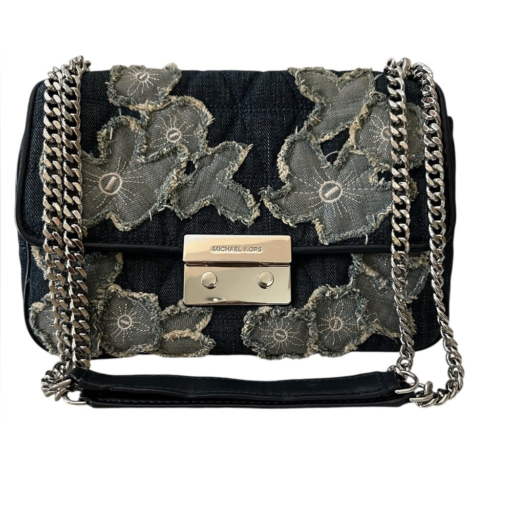 Michael Kors Denim Floral Appliqué Chain Crossbody Bag